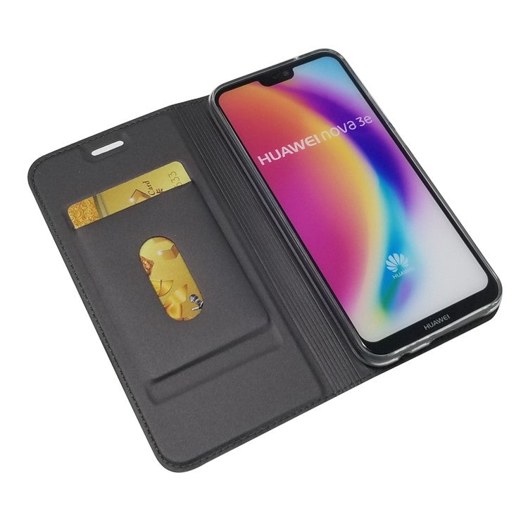 Auto-absorbed Stand Leather Card Holder Cellphone Case for Huawei P20 Lite / Nova 3e - Black