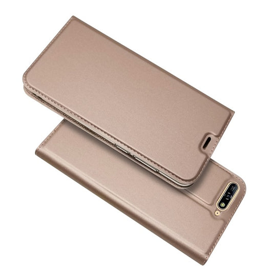 Auto-absorbed Stand Card Holder Leather Flip Cover for Huawei Y6 (2018)/Honor 7A (without Fingerprint Sensor) - Rose Gold