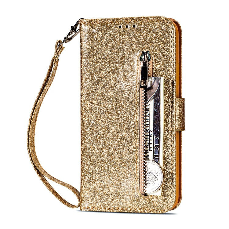 Flash Powder Zippered Stand Leather Wallet Cell Phone Case with Strap for Huawei P20 Lite / Nova 3e (China) - Gold