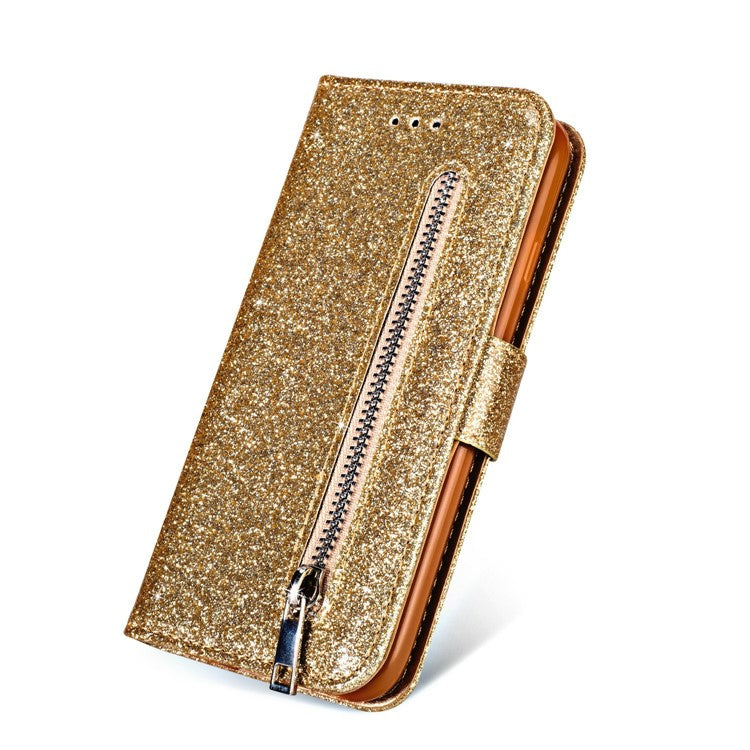 Flash Powder Zippered Stand Leather Wallet Cell Phone Case with Strap for Huawei P20 Lite / Nova 3e (China) - Gold