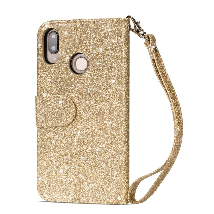 Flash Powder Zippered Stand Leather Wallet Cell Phone Case with Strap for Huawei P20 Lite / Nova 3e (China) - Gold
