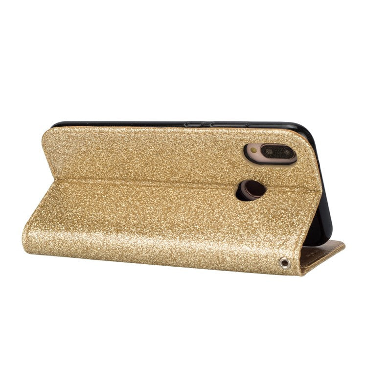 Flash Powder Zippered Stand Leather Wallet Cell Phone Case with Strap for Huawei P20 Lite / Nova 3e (China) - Gold