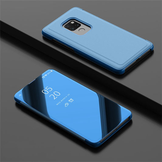 View Window Plated Mirror Surface Cell Phone Leather Stand Case for Huawei Mate 20 - Baby Blue