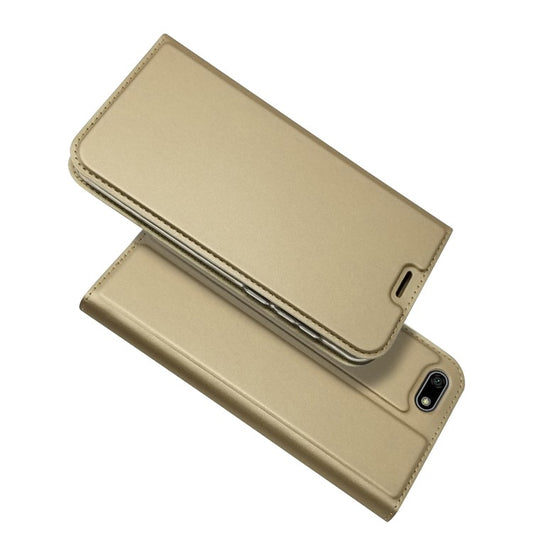 Auto-absorbed Stand Leather Card Holder Mobile Casing for Huawei Y5 (2018) / Y5 Prime (2018) / Honor 7s / Play 7 - Gold