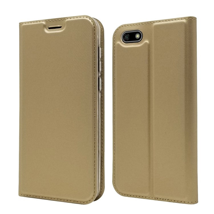 Auto-absorbed Stand Leather Card Holder Mobile Casing for Huawei Y5 (2018) / Y5 Prime (2018) / Honor 7s / Play 7 - Gold