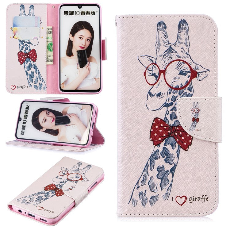 Pattern Printing PU Leather Flip Cell Phone Case for Huawei P Smart (2019) / Honor 10 Lite - Giraffe Wearing Glasses