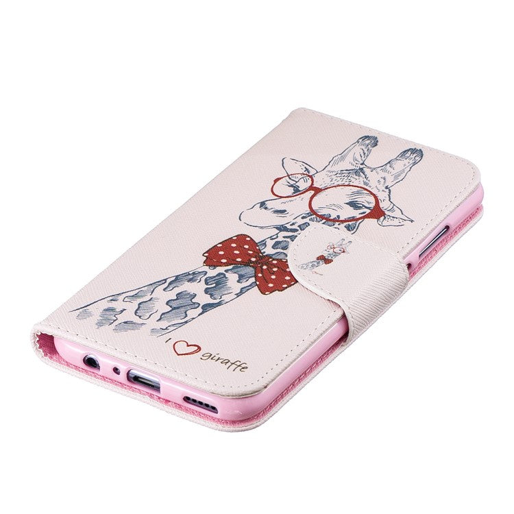 Pattern Printing PU Leather Flip Cell Phone Case for Huawei P Smart (2019) / Honor 10 Lite - Giraffe Wearing Glasses