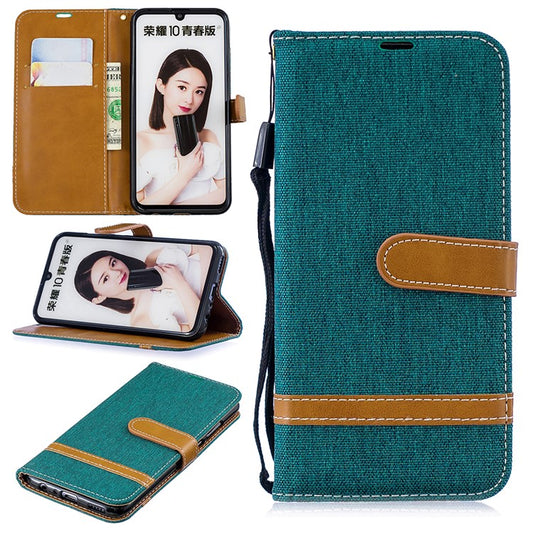 Two-tone Jean Cloth PU Leather Cellphone Cover with Stand for Huawei P Smart (2019) / Honor 10 Lite - Green
