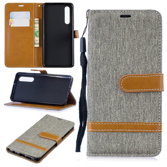 Two-tone Jean Cloth PU Leather Flip Mobile Phone Case for Huawei P30 - Grey