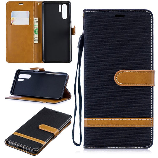 Two-tone Jean Cloth PU Leather Flip Case for Huawei P30 Pro - Black