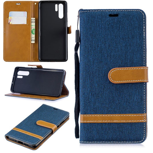 Two-tone Jean Cloth PU Leather Flip Cover for Huawei P30 Pro - Dark Blue