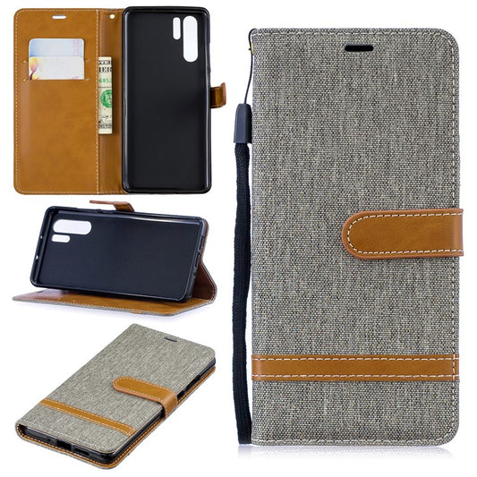 Two-tone Jean Cloth PU Leather Flip Shell for Huawei P30 Pro - Grey