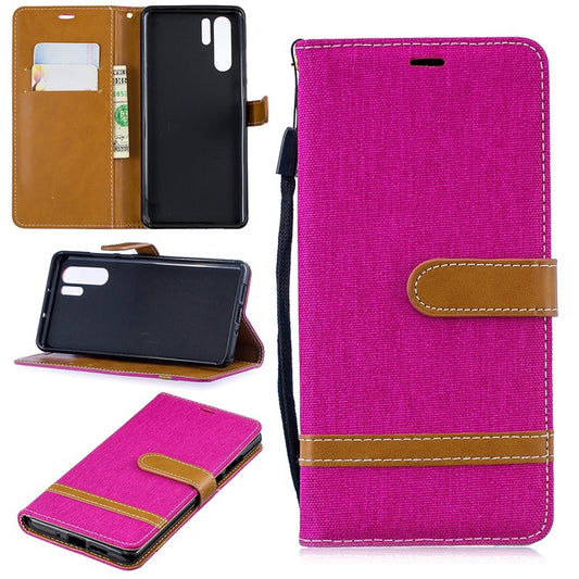 Two-tone Jean Cloth PU Leather Flip Protective Shell for Huawei P30 Pro - Rose