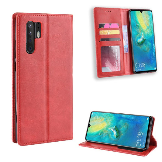 Vintage Style Magnetic Closue Leather Wallet Stand Phone Shell Case for Huawei P30 Pro - Red
