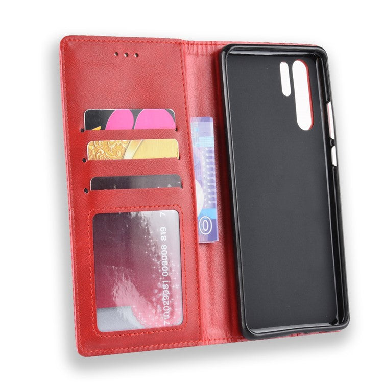 Vintage Style Magnetic Closue Leather Wallet Stand Phone Shell Case for Huawei P30 Pro - Red