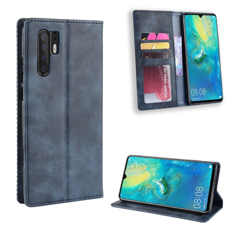 Vintage Style Magnetic Closue Leather Wallet Stand Phone Shell Case for Huawei P30 Pro - Blue