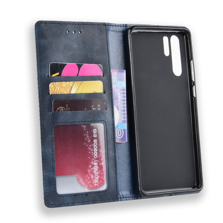 Vintage Style Magnetic Closue Leather Wallet Stand Phone Shell Case for Huawei P30 Pro - Blue