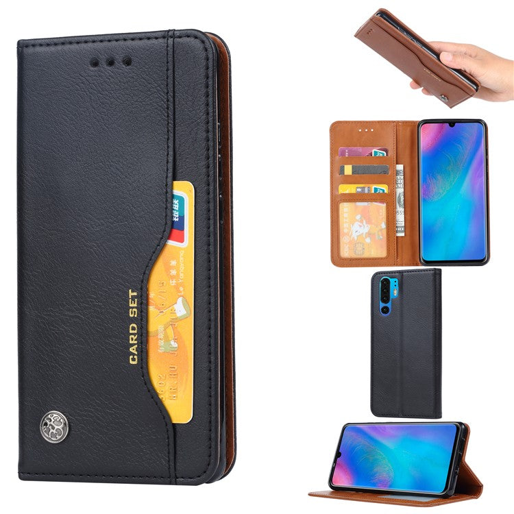PU Leather Auto-absorbed Stand Wallet Protective Case for Huawei P30 Pro - Black