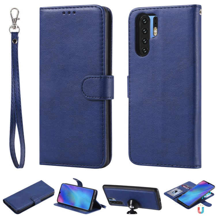 For Huawei P30 Pro Case 2 in 1 Detachable Magnetic Leather Wallet Mobile Cover with Strap - Blue