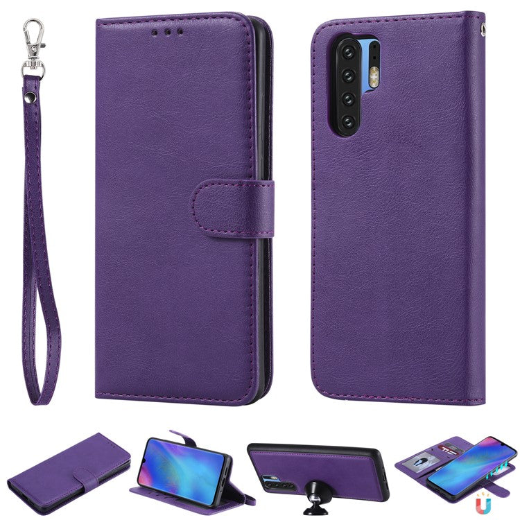 For Huawei P30 Pro Case 2 in 1 Detachable Magnetic Leather Wallet Mobile Cover with Strap - Purple
