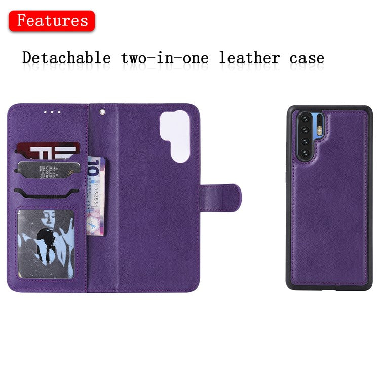 For Huawei P30 Pro Case 2 in 1 Detachable Magnetic Leather Wallet Mobile Cover with Strap - Purple
