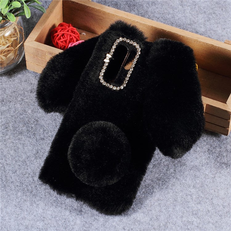 Rabbit Shape Fluffy Fur Coated Rhinestone TPU Case for Huawei P30 Pro - Black