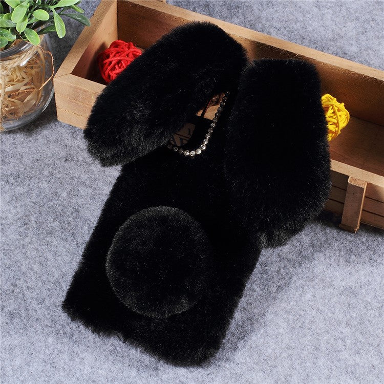 Rabbit Shape Fluffy Fur Coated Rhinestone TPU Case for Huawei P30 Pro - Black