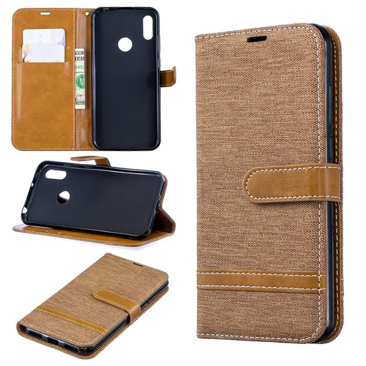Two-tone Jean Cloth PU Leather Mobile Case for Huawei Y6 (2019, with Fingerprint Sensor) / Y6 Prime (2019) - Khaki