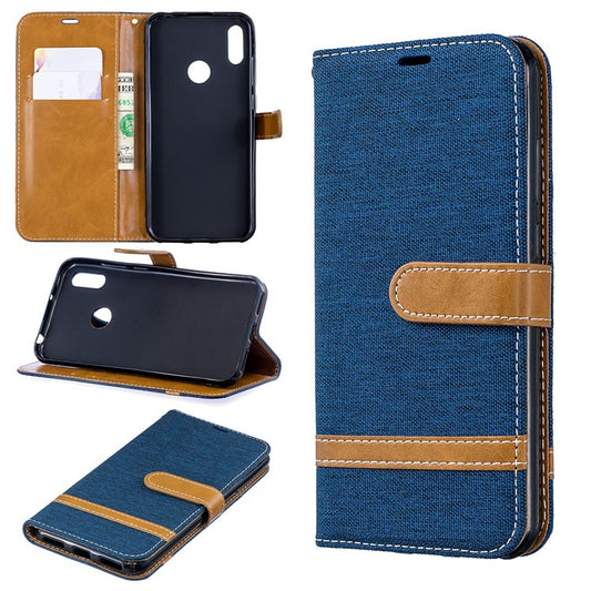 Two-tone Jean Cloth PU Leather Mobile Case for Huawei Y6 (2019, with Fingerprint Sensor) / Y6 Prime (2019) - Dark Blue