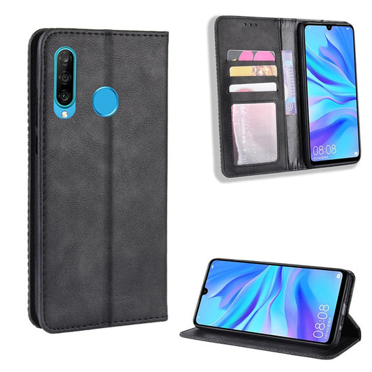 Auto-absorbed Vintage Leather Wallet Phone Shell for Huawei P30 Lite/nova 4e/P30 Lite New Edition - Black