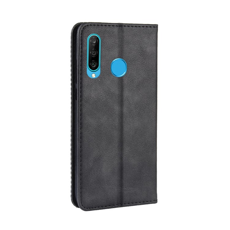 Auto-absorbed Vintage Leather Wallet Phone Shell for Huawei P30 Lite/nova 4e/P30 Lite New Edition - Black