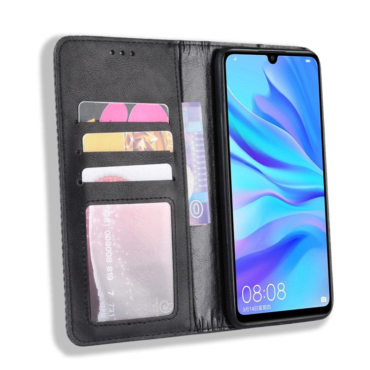 Auto-absorbed Vintage Leather Wallet Phone Shell for Huawei P30 Lite/nova 4e/P30 Lite New Edition - Black