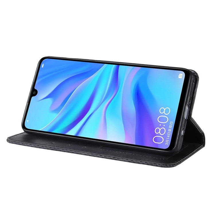 Auto-absorbed Vintage Leather Wallet Phone Shell for Huawei P30 Lite/nova 4e/P30 Lite New Edition - Black