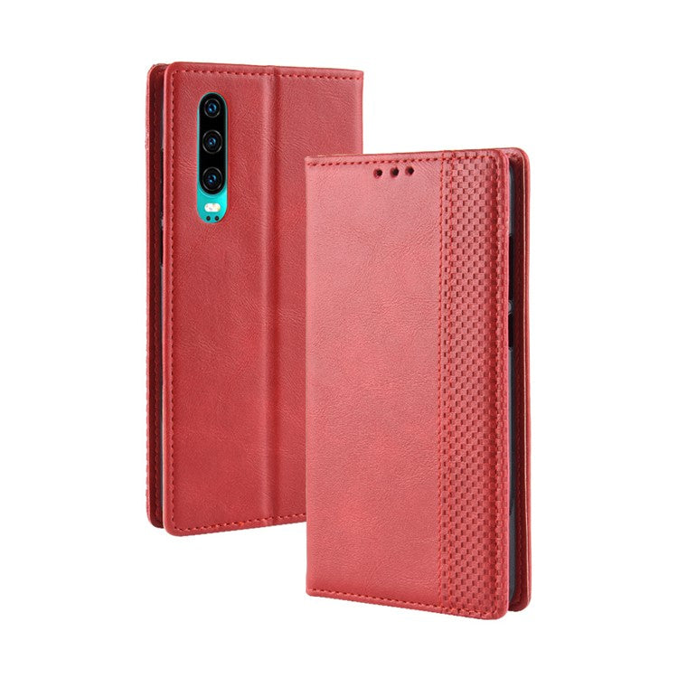 Auto-absorbed Vintage Leather Wallet Mobile Phone Cover for Huawei P30 - Red