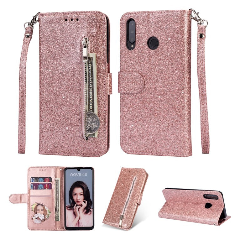 Glitter Powder Zippered Stand Leather Wallet Case with Strap for Huawei P30 Lite / nova 4e - Rose Gold