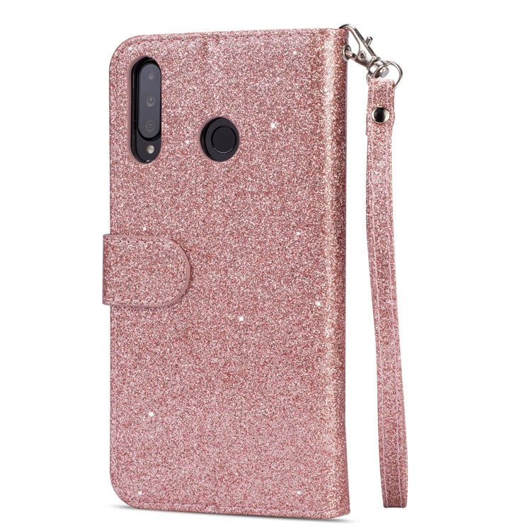 Glitter Powder Zippered Stand Leather Wallet Case with Strap for Huawei P30 Lite / nova 4e - Rose Gold