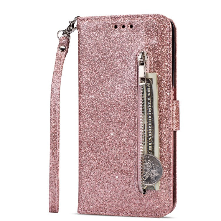 Glitter Powder Zippered Stand Leather Wallet Case with Strap for Huawei P30 Lite / nova 4e - Rose Gold