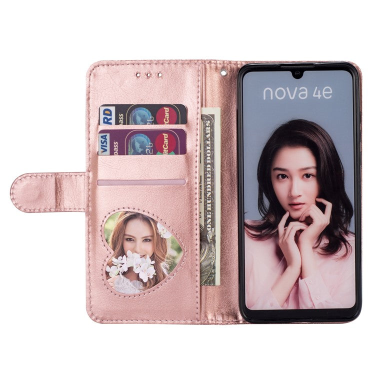 Glitter Powder Zippered Stand Leather Wallet Case with Strap for Huawei P30 Lite / nova 4e - Rose Gold