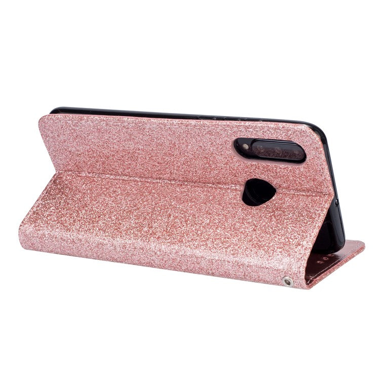 Glitter Powder Zippered Stand Leather Wallet Case with Strap for Huawei P30 Lite / nova 4e - Rose Gold