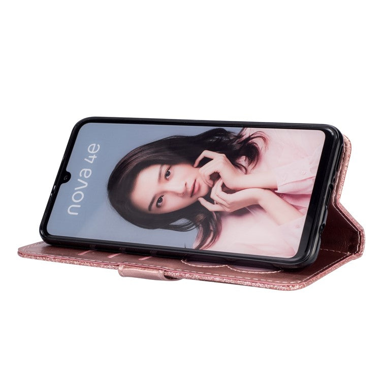 Glitter Powder Zippered Stand Leather Wallet Case with Strap for Huawei P30 Lite / nova 4e - Rose Gold