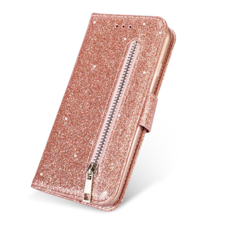 Glitter Powder Zippered Stand Leather Wallet Case with Strap for Huawei P30 Lite / nova 4e - Rose Gold