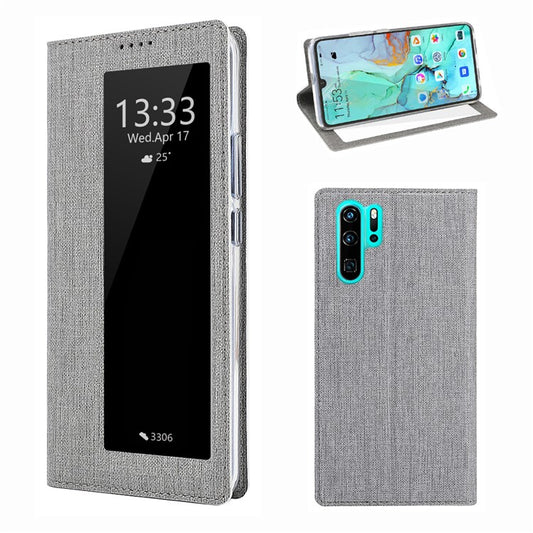VILI DMX Cross Texture View Window Leather Flip Phone Cover with Card Slot for Huawei P30 Pro - Grey