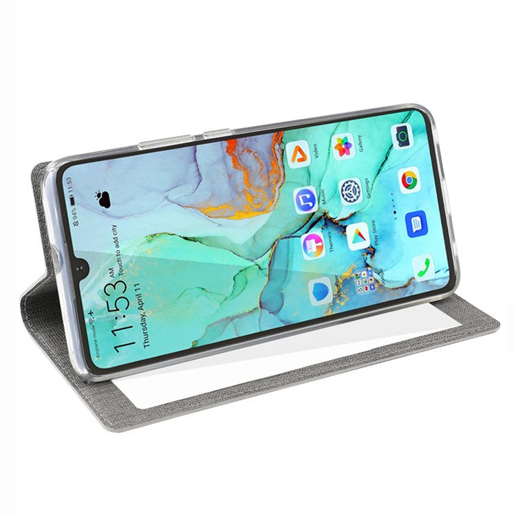 VILI DMX Cross Texture View Window Leather Flip Phone Cover with Card Slot for Huawei P30 Pro - Grey