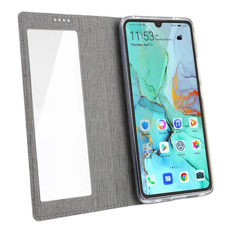 VILI DMX Cross Texture View Window Leather Flip Phone Cover with Card Slot for Huawei P30 Pro - Grey