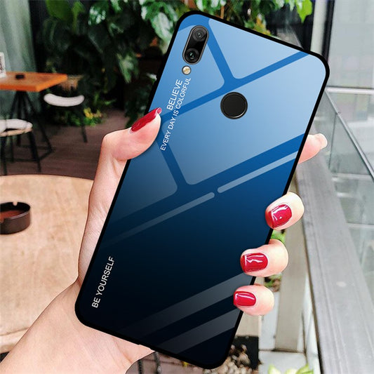 Gradient Color Glass + PC + TPU Hybrid Case for Huawei Y7 (2019) - Blue / Black
