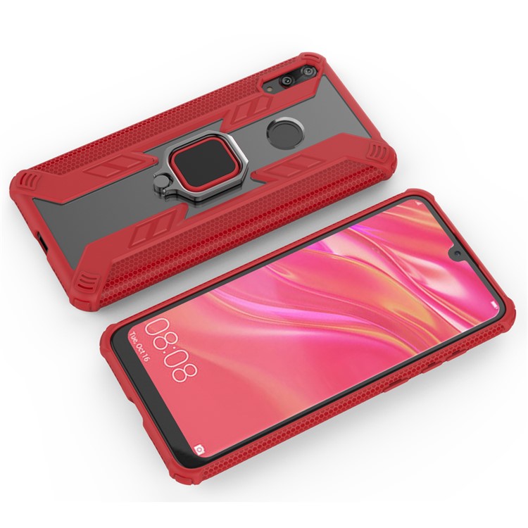 Warrior Style Rotatable Ring Kickstand PC+TPU Phone Cover Shell for Huawei Y7 (2019) / Y7 Prime (2019) - Red
