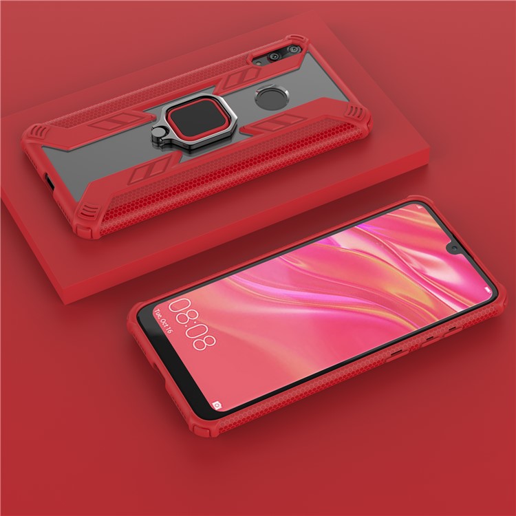 Warrior Style Rotatable Ring Kickstand PC+TPU Phone Cover Shell for Huawei Y7 (2019) / Y7 Prime (2019) - Red