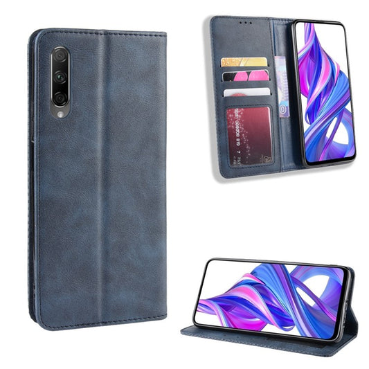 Vintage Style Leather Wallet Phone Shell for Huawei Honor 9X (For China)/9X Pro - Blue