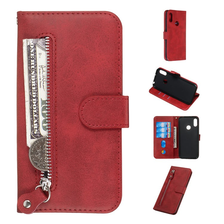 Zipper Pocket Leather Wallet Stand Phone Case for Huawei Y6 (2019, with Fingerprint Sensor)/Y6 Prime (2019)/Honor 8A - Red