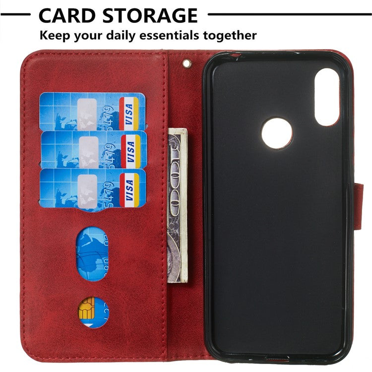 Zipper Pocket Leather Wallet Stand Phone Case for Huawei Y6 (2019, with Fingerprint Sensor)/Y6 Prime (2019)/Honor 8A - Red